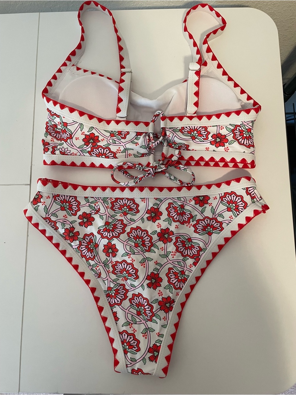 Boho Floral Red Trim Two-Piece Women's Swim Bikini Set - Picture 3 of 9